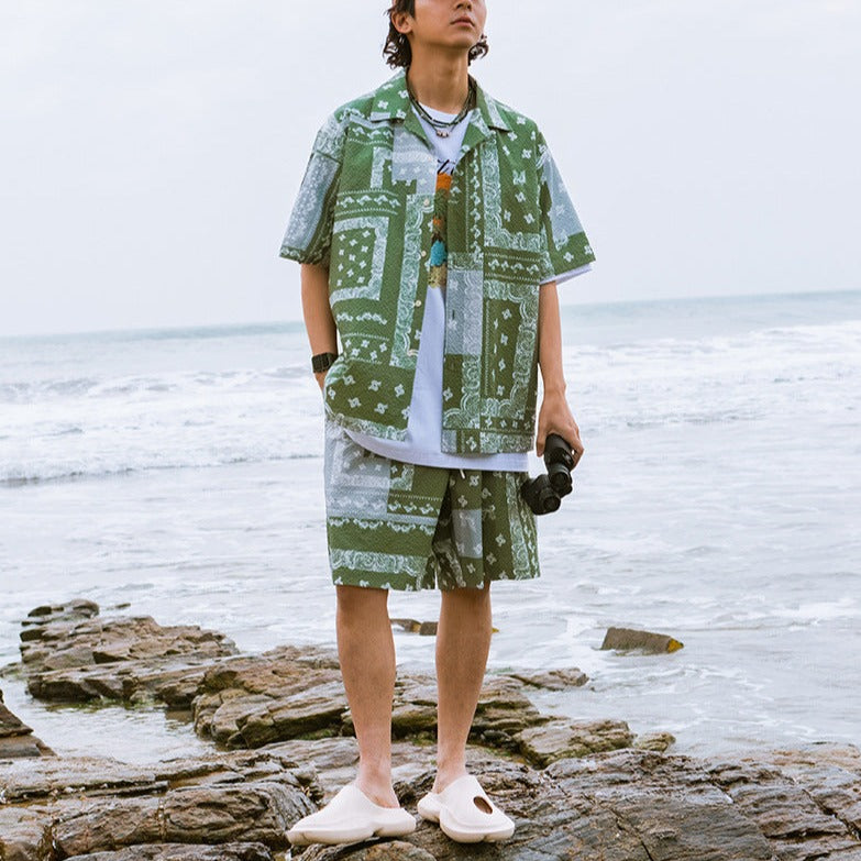 【二点セット】ペイズリー総柄シアサッカーキューバシャツ&ショーツ