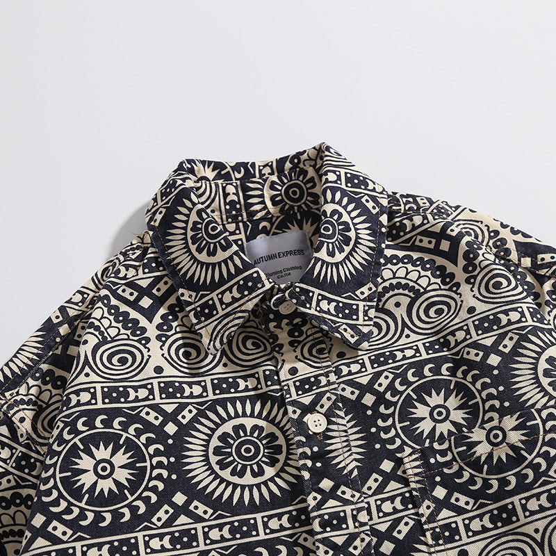 Ethnic-style all-over print cotton work shirt