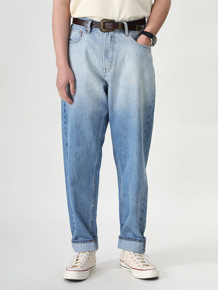 Gradation red selvage denim pants with back print