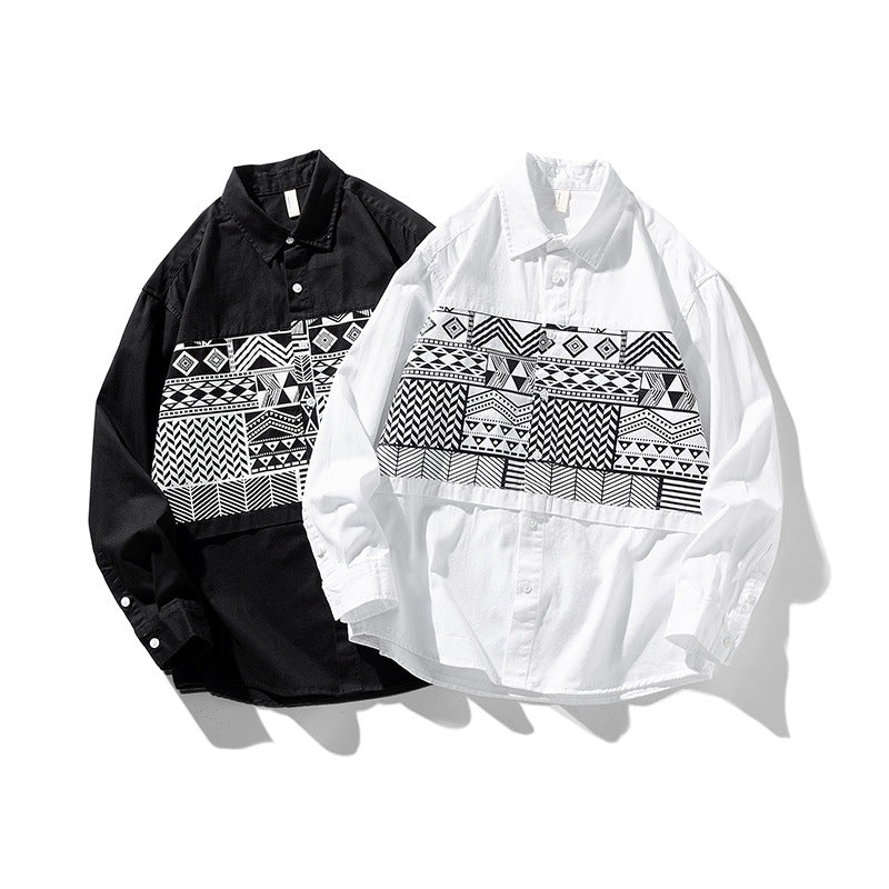 Retro cotton print long sleeve shirt