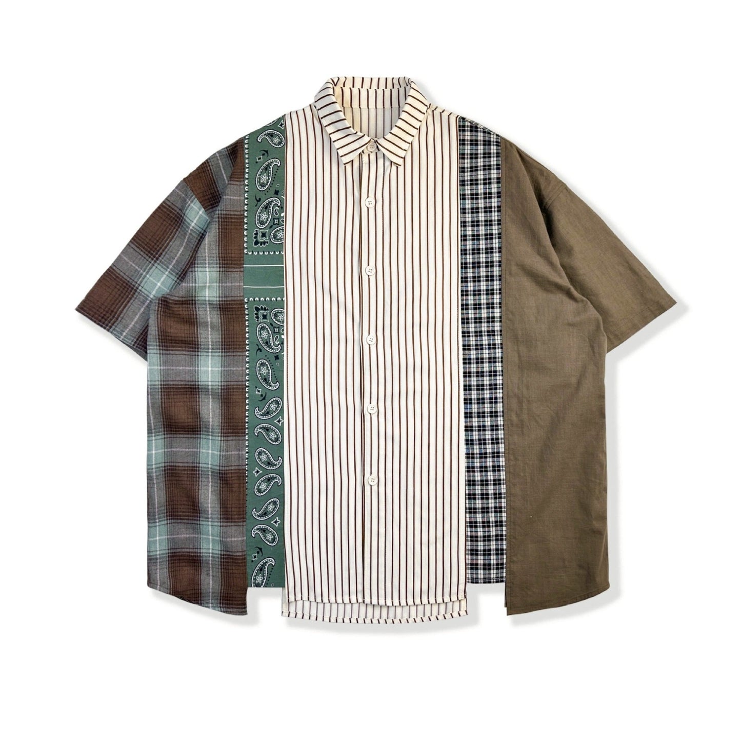 Ethnic check pattern striped short sleeve shirt