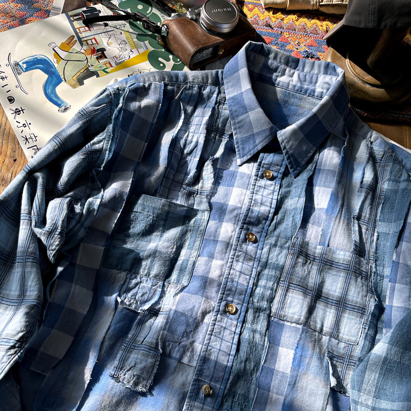 【数量限定】職人手作り ボロパッチワークチェック柄シャツ 再構築