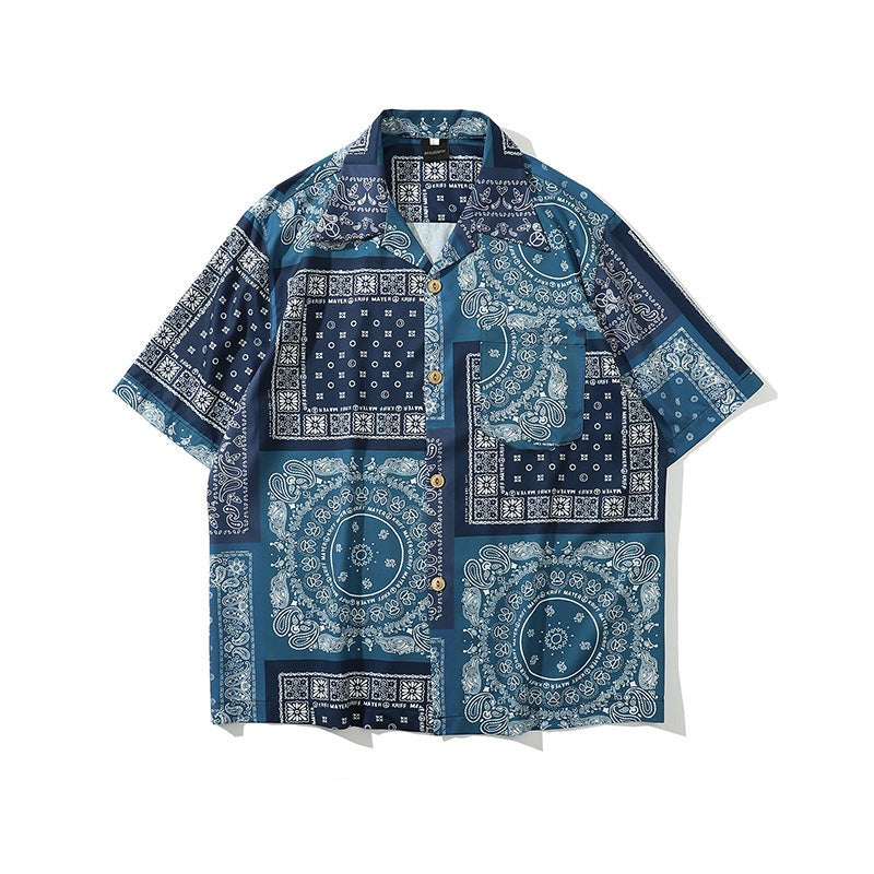 Indigo Dye Ethnic Patchwork Cashew Nut Pattern Shirt