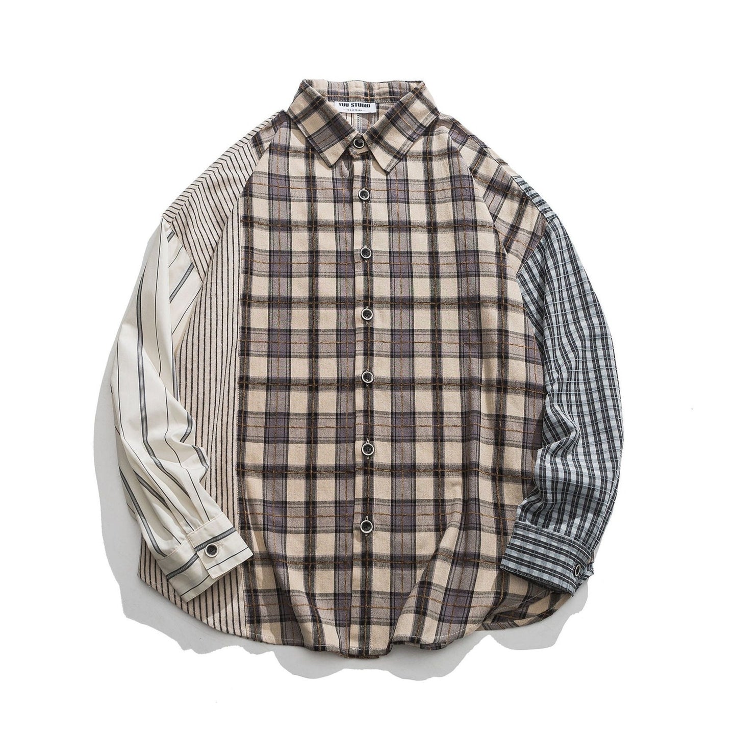 Irregular check pattern striped long sleeve shirt