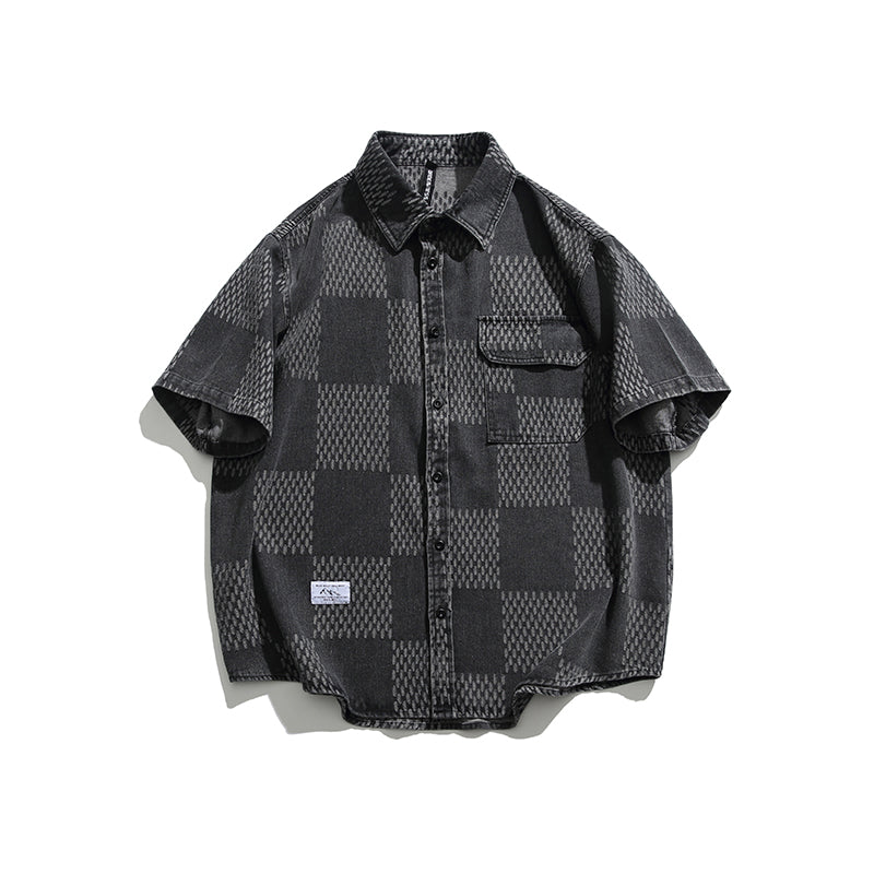 Boro-style jacquard yarn-dyed denim work shirt