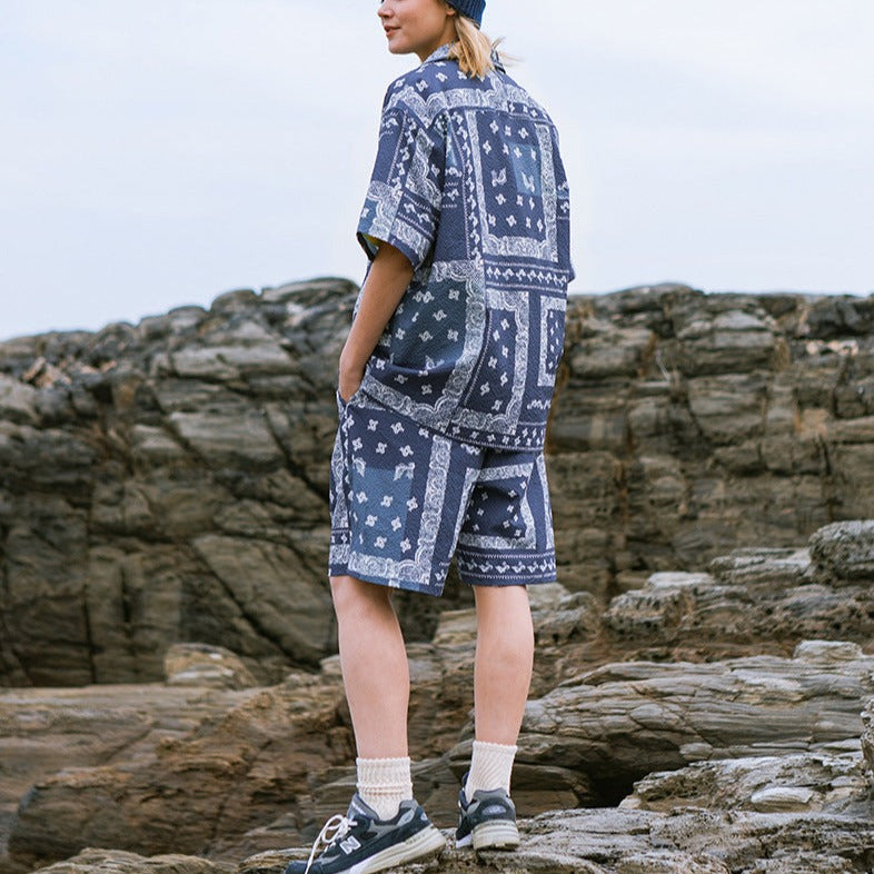 【二点セット】ペイズリー総柄シアサッカーキューバシャツ&ショーツ