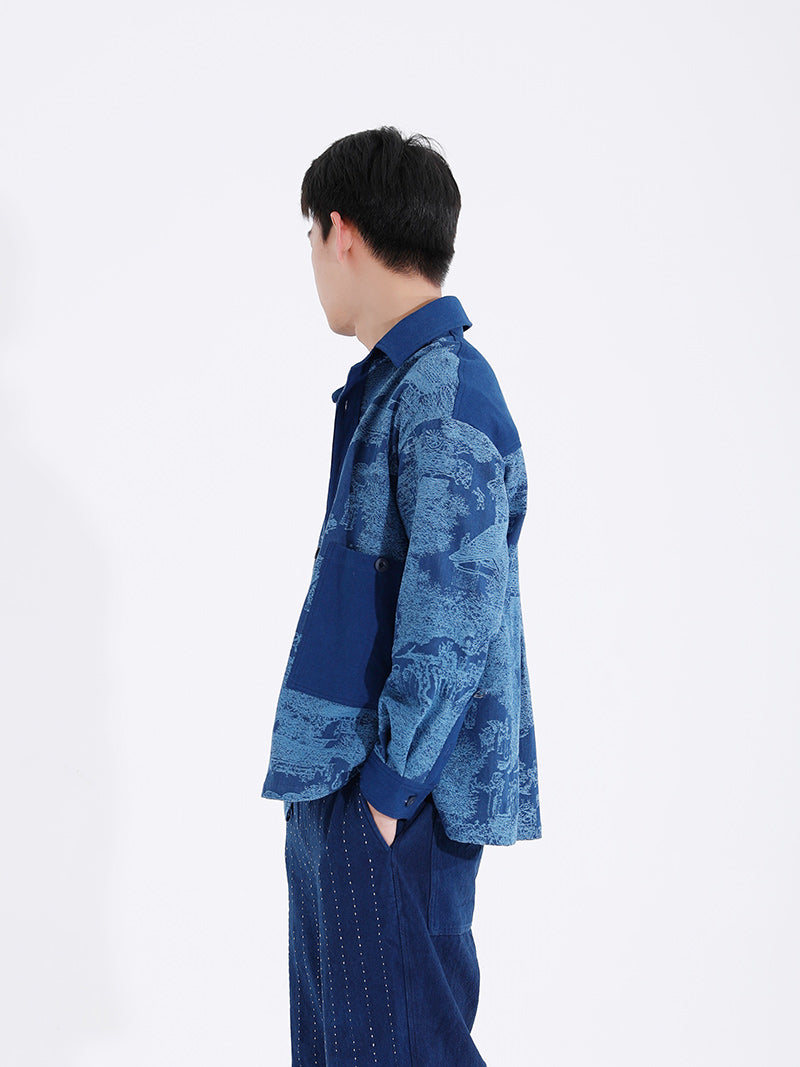 Artisan Handmade "Landscape" Jacquard Plant Indigo Dyed Long Sleeve Shirt