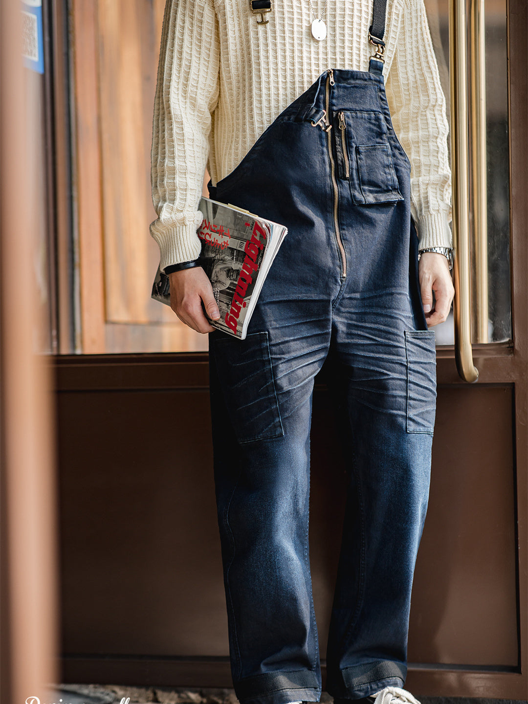 Denim three-dimensional beard processing deck overalls