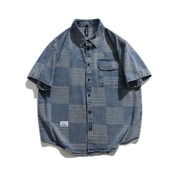 Boro-style jacquard yarn-dyed denim work shirt