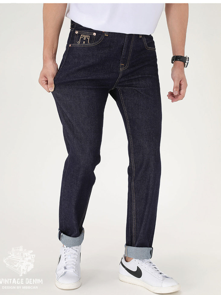 11oz red ear washed denim pants with embroidery