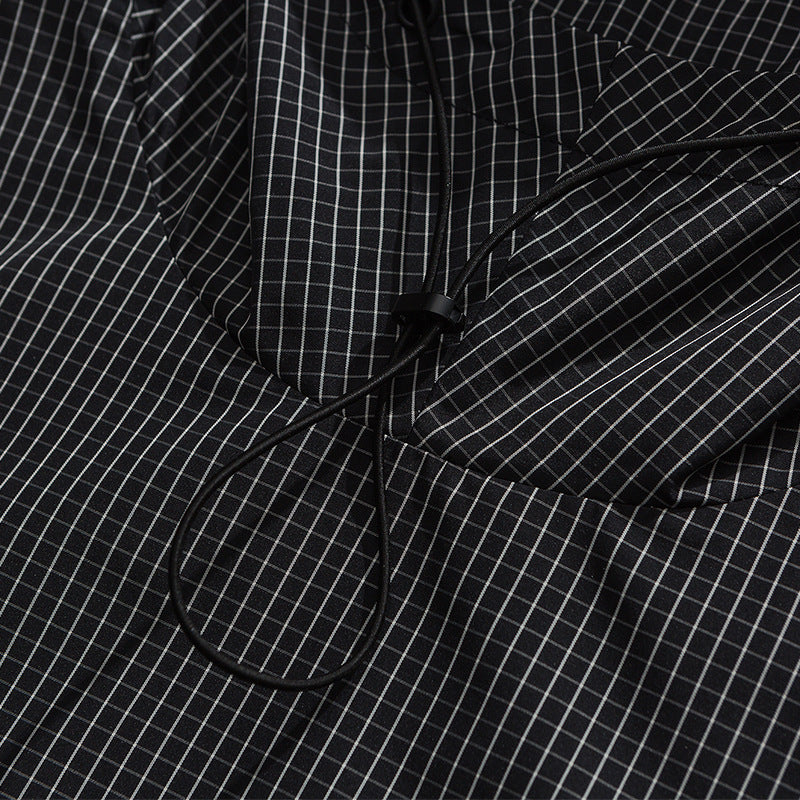Check pocket hooded pullover short sleeve T-shirt