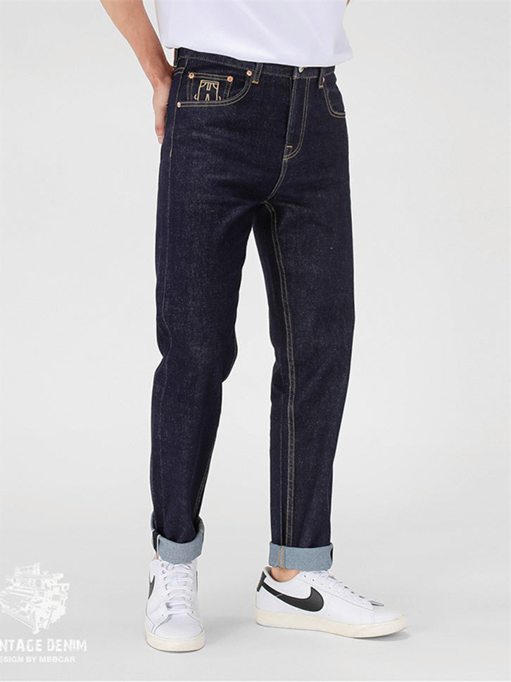11oz red ear washed denim pants with embroidery