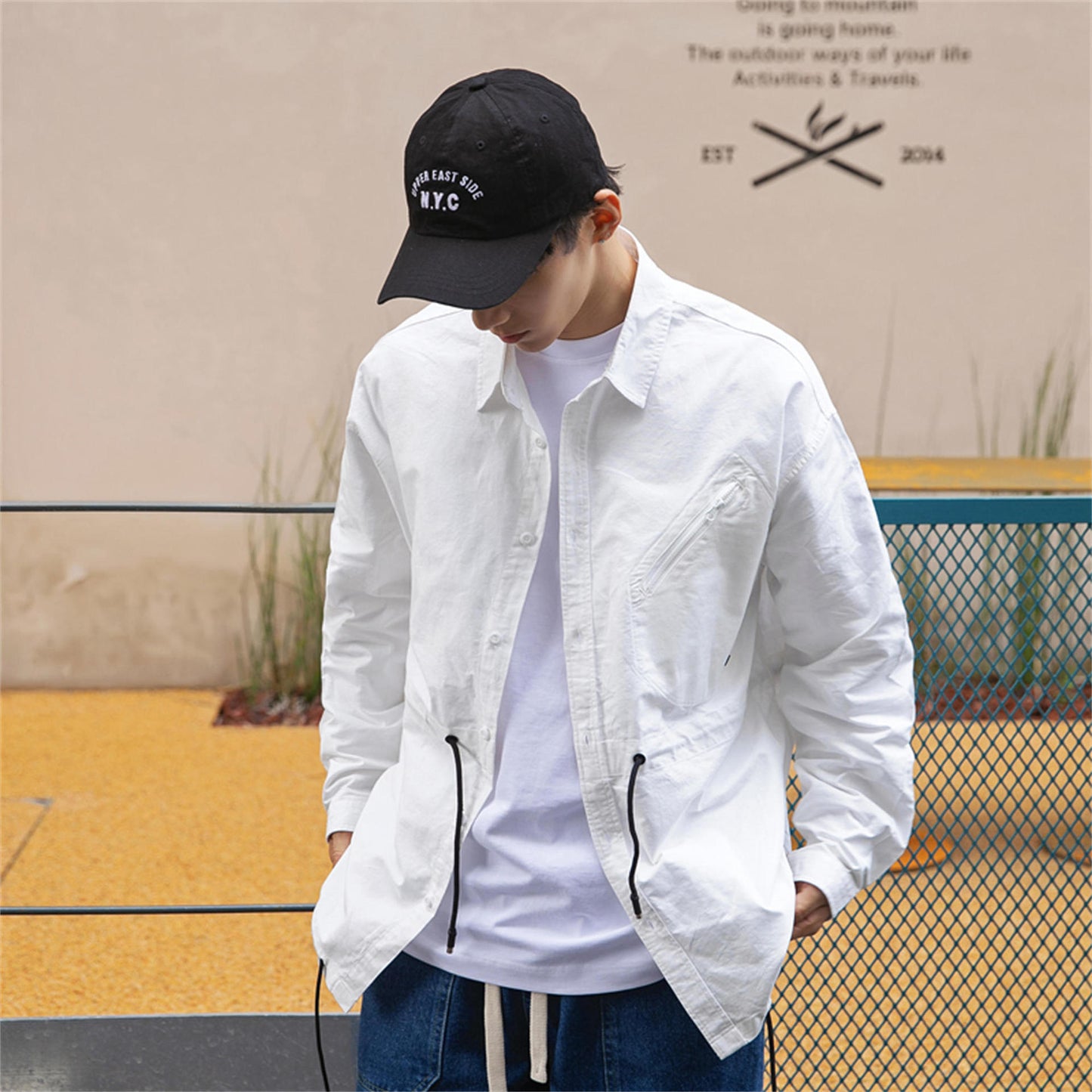 Drawstring lapel collar work shirt