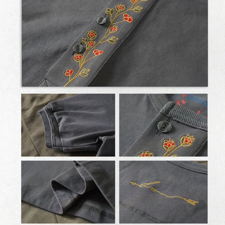 Navajo & Floral Embroidery 2-Pattern Heavyweight Henley Neck T-Shirt
