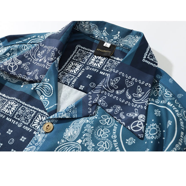 Indigo Dye Ethnic Patchwork Cashew Nut Pattern Shirt
