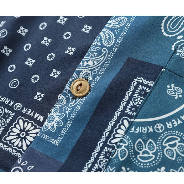 Indigo Dye Ethnic Patchwork Cashew Nut Pattern Shirt