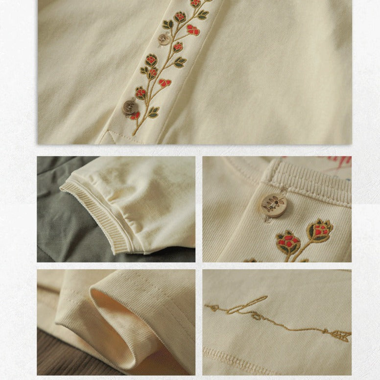 Navajo & Floral Embroidery 2-Pattern Heavyweight Henley Neck T-Shirt