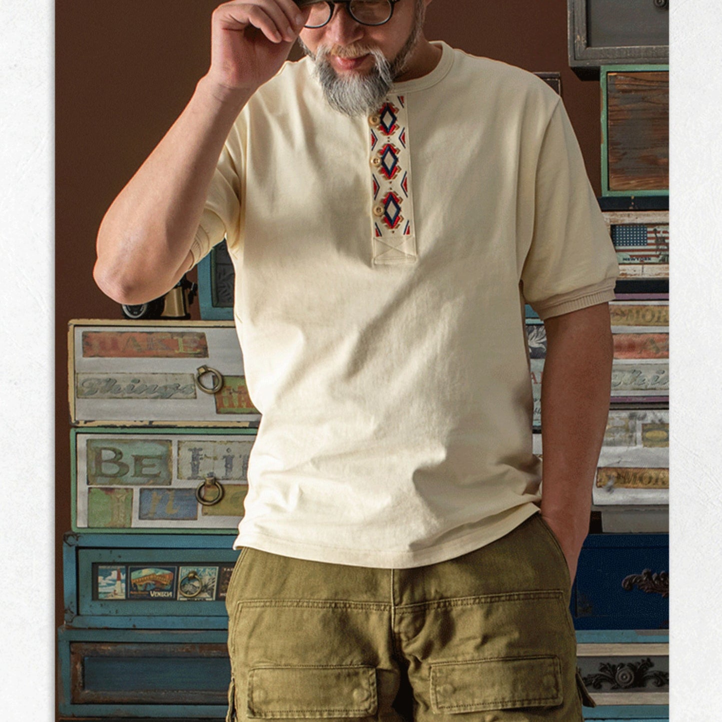 Navajo & Floral Embroidery 2-Pattern Heavyweight Henley Neck T-Shirt