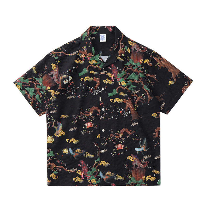 Black Vintage Loose Hawaiian Beach Shirt