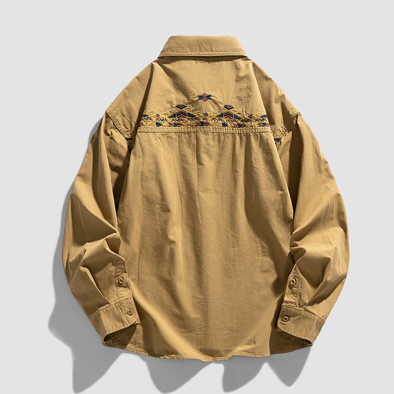 Embroidered plain cotton long-sleeved shirt