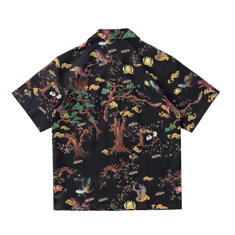 Black Vintage Loose Hawaiian Beach Shirt