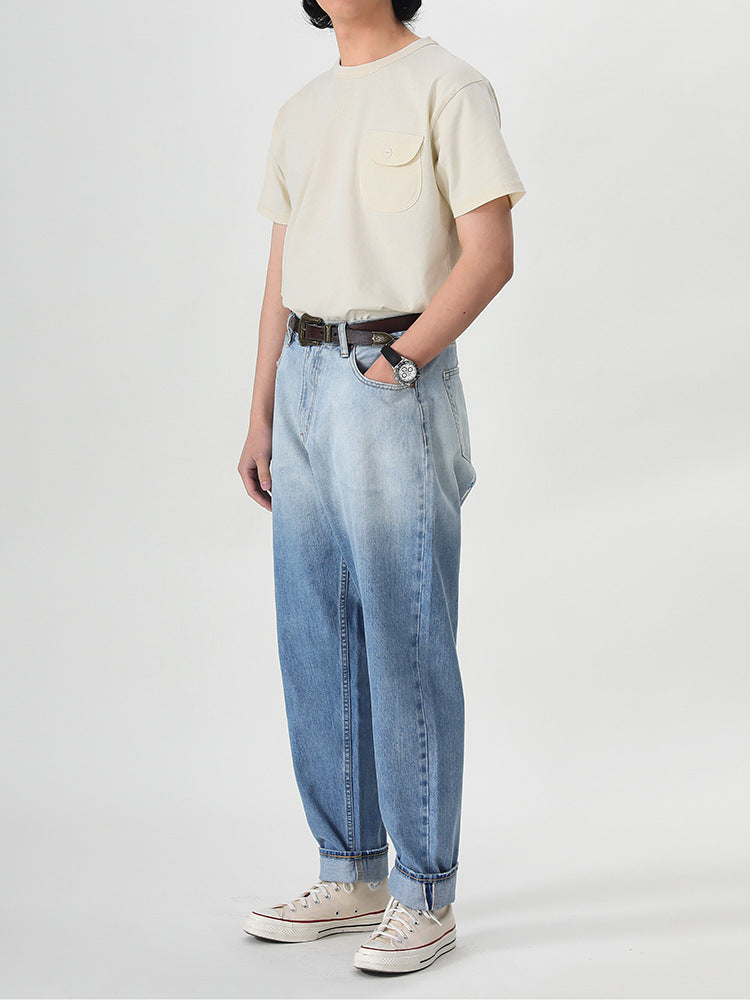 Gradation red selvage denim pants with back print