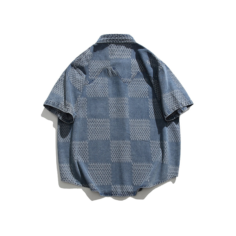 Boro-style jacquard yarn-dyed denim work shirt