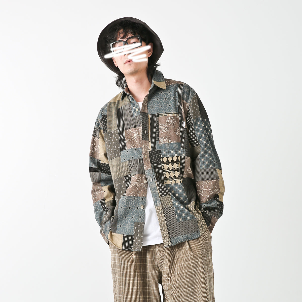 Reconstruction Yarn-dyed boro patchwork shirt