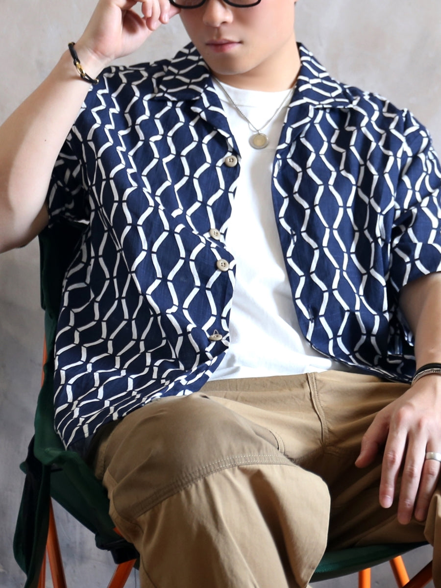 Indigo Dyed Cotton Linen Geometric Aloha Shirt
