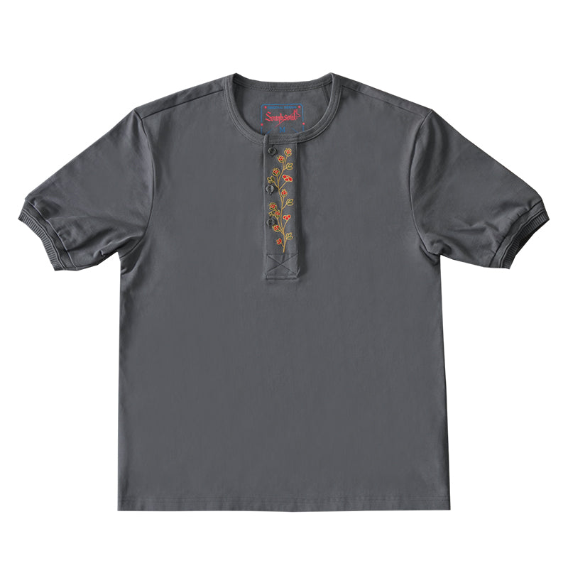 Navajo & Floral Embroidery 2-Pattern Heavyweight Henley Neck T-Shirt