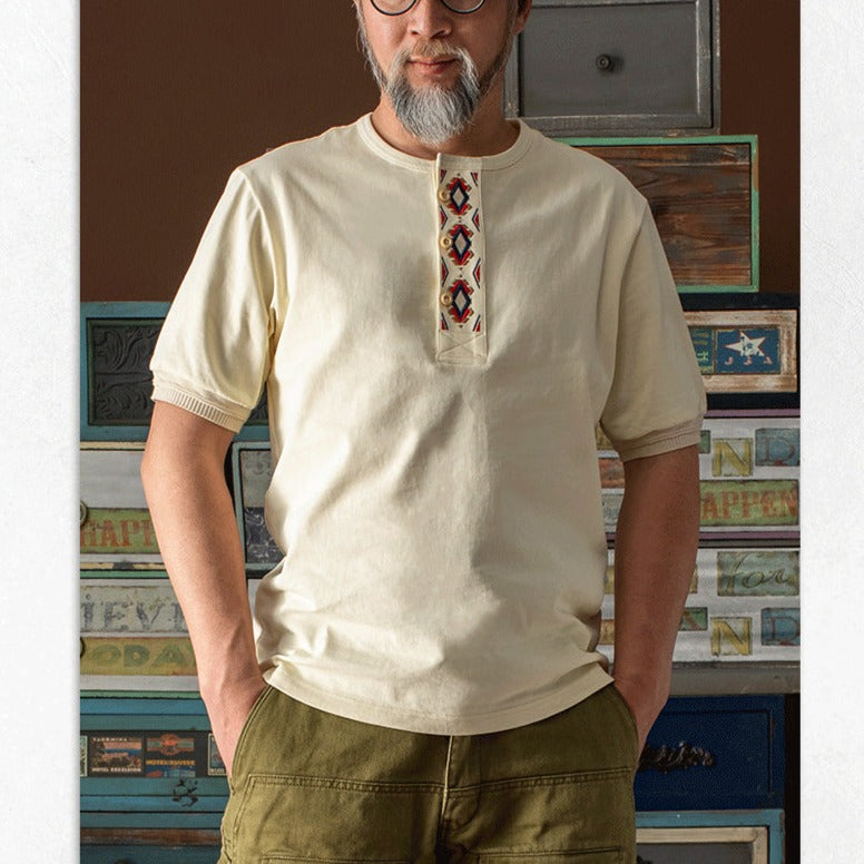 Navajo & Floral Embroidery 2-Pattern Heavyweight Henley Neck T-Shirt