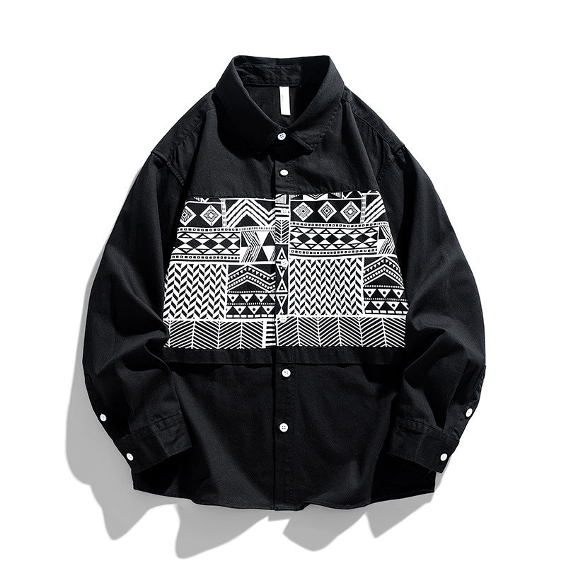 Retro cotton print long sleeve shirt