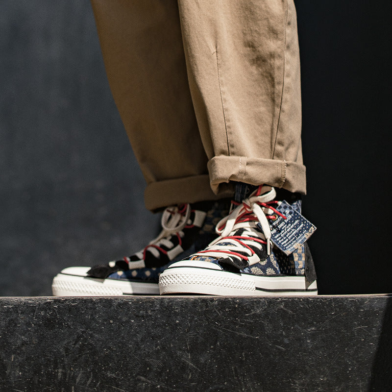 Retro high cut BORO style old cloth combination sneakers