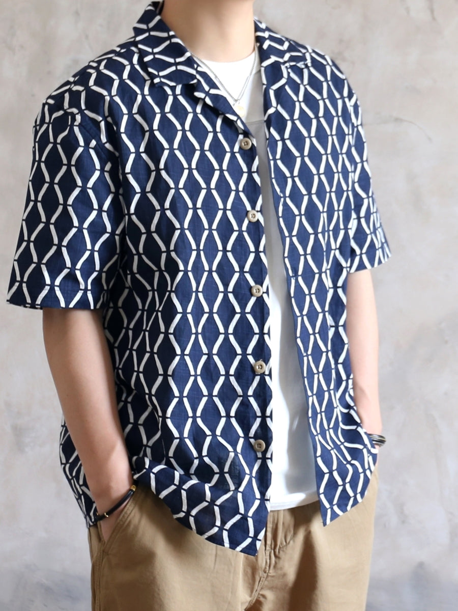Indigo Dyed Cotton Linen Geometric Aloha Shirt