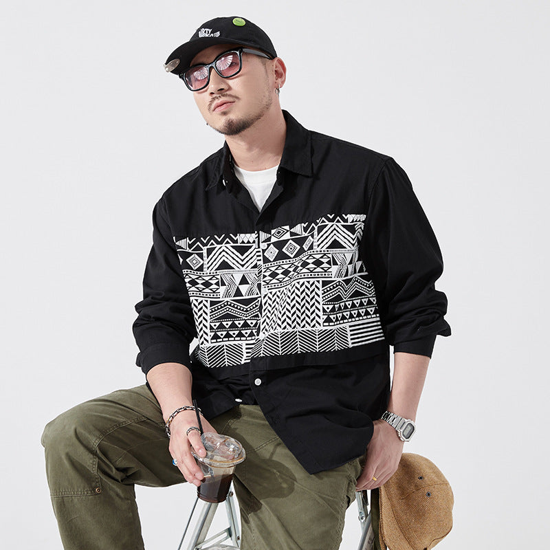 Retro cotton print long sleeve shirt