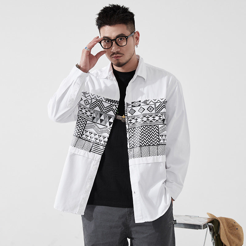 Retro cotton print long sleeve shirt