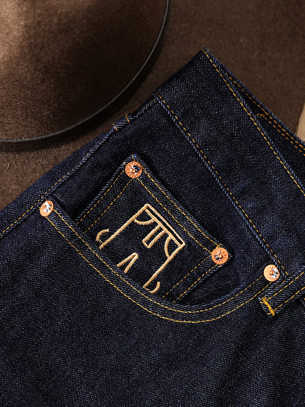 11oz red ear washed denim pants with embroidery