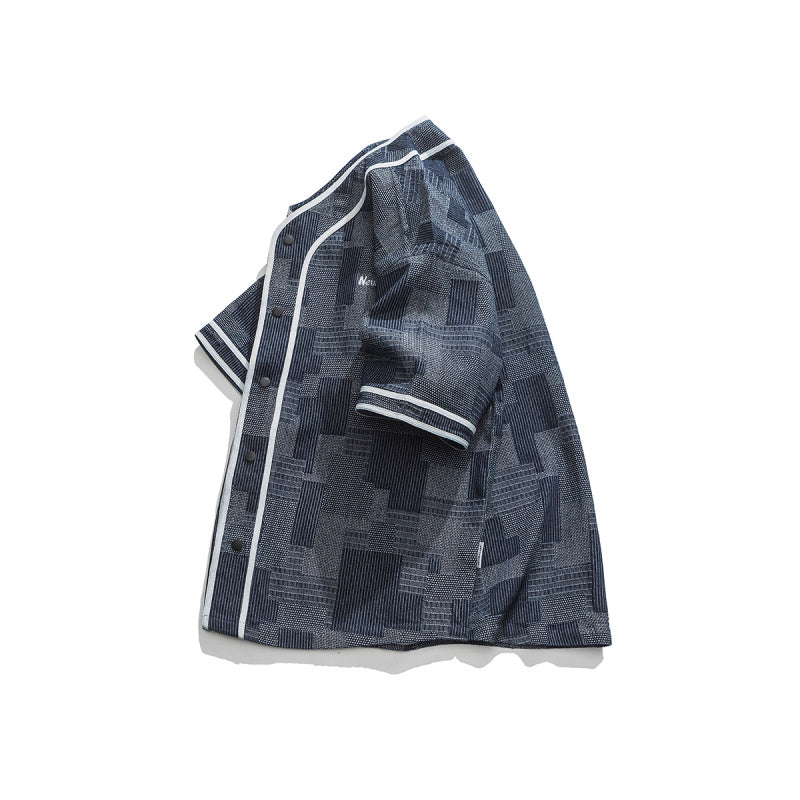 Jacquard Patchwork Denim Baseball Shirt