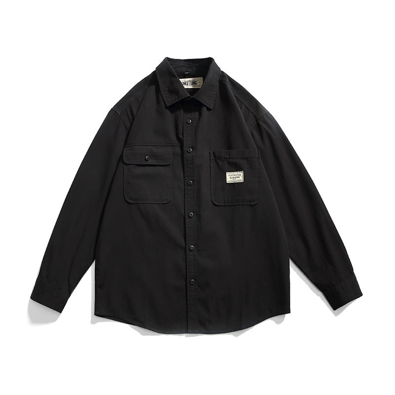 Retro plain pocket long sleeve shirt in four colors