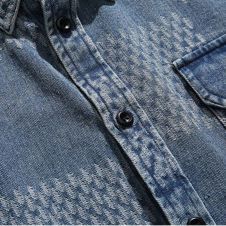 Boro-style jacquard yarn-dyed denim work shirt
