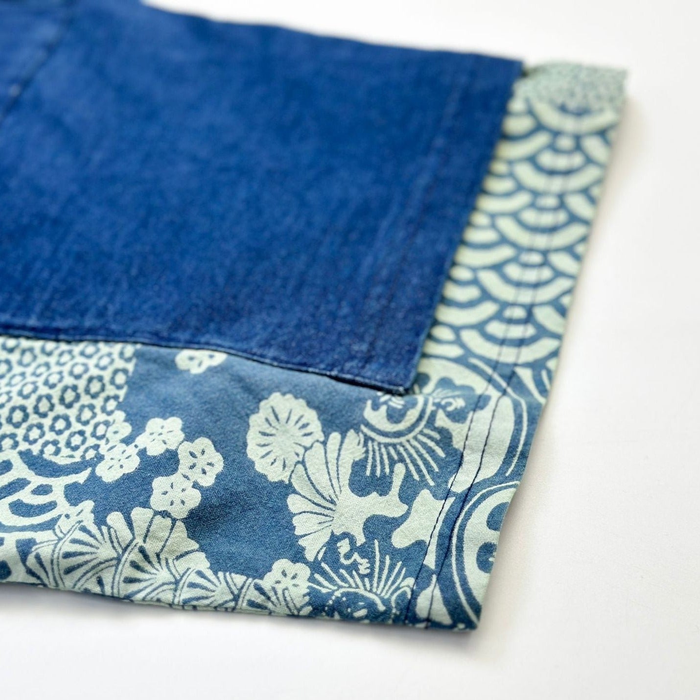 Japanese-patterned vintage patchwork indigo-dyed heavyweight cotton tee