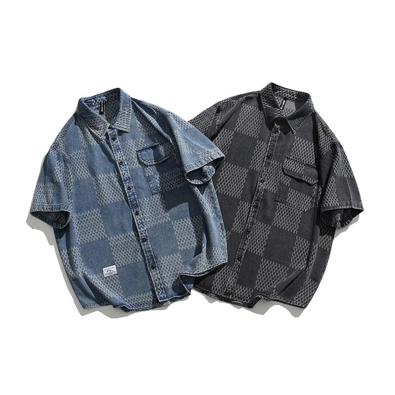 Boro-style jacquard yarn-dyed denim work shirt