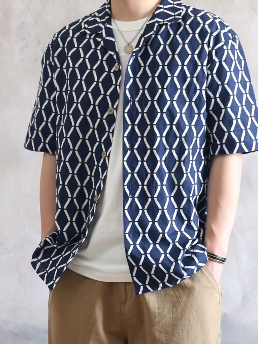 Indigo Dyed Cotton Linen Geometric Aloha Shirt