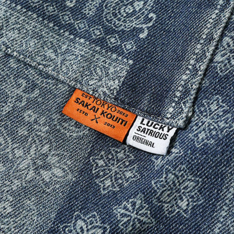 Paisley pattern baseball collar short sleeve denim shirt