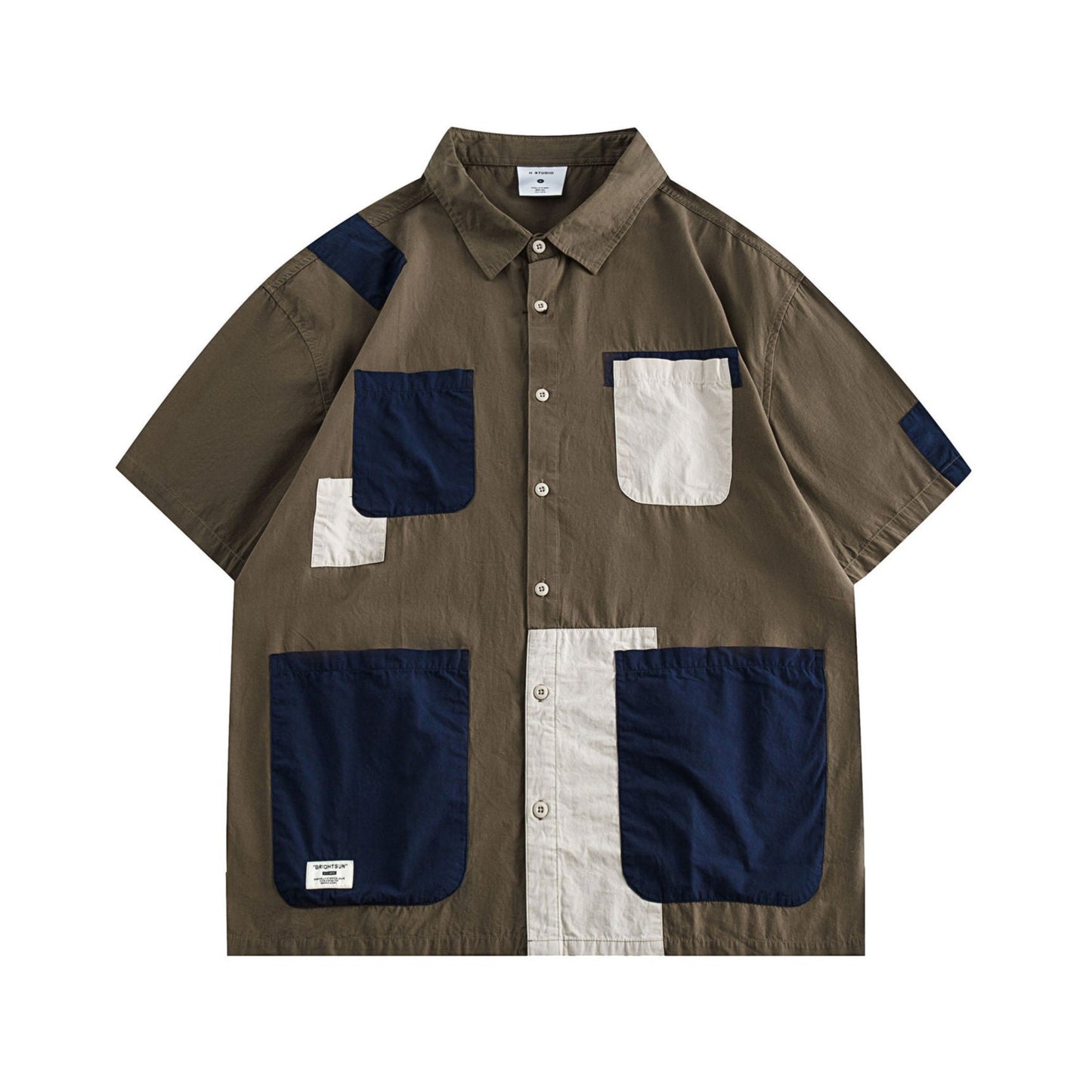 Color-block patch multi-pocket work shirt