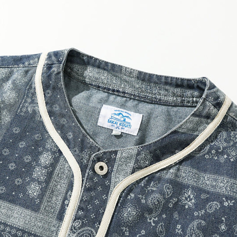 Paisley pattern baseball collar short sleeve denim shirt