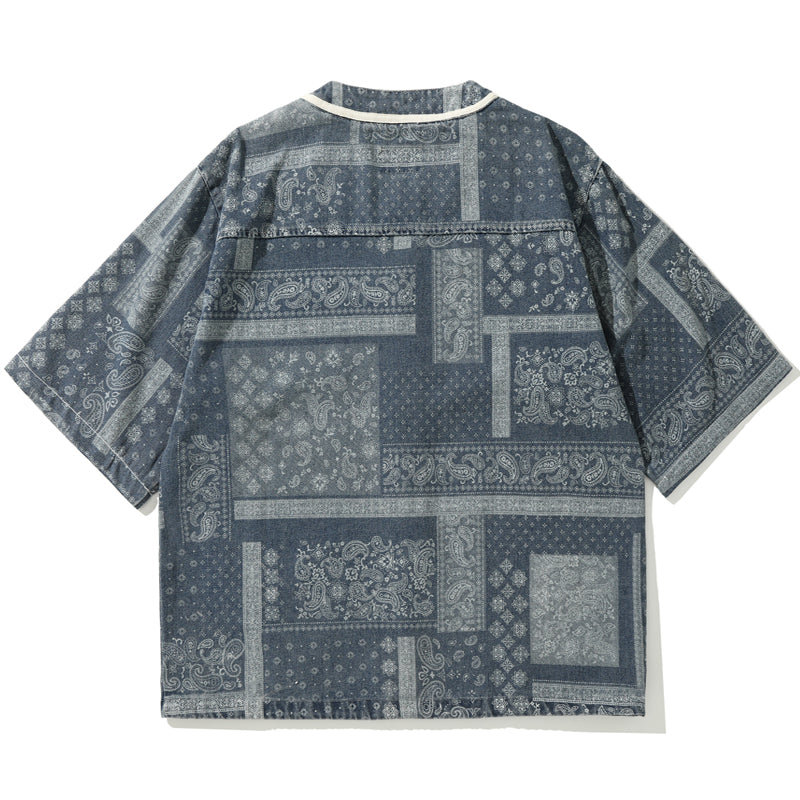 Paisley pattern baseball collar short sleeve denim shirt