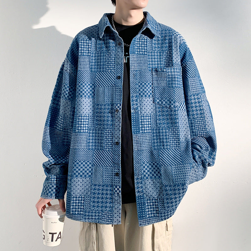 Boro-style jacquard yarn-dyed long-sleeve check pattern denim work shirt