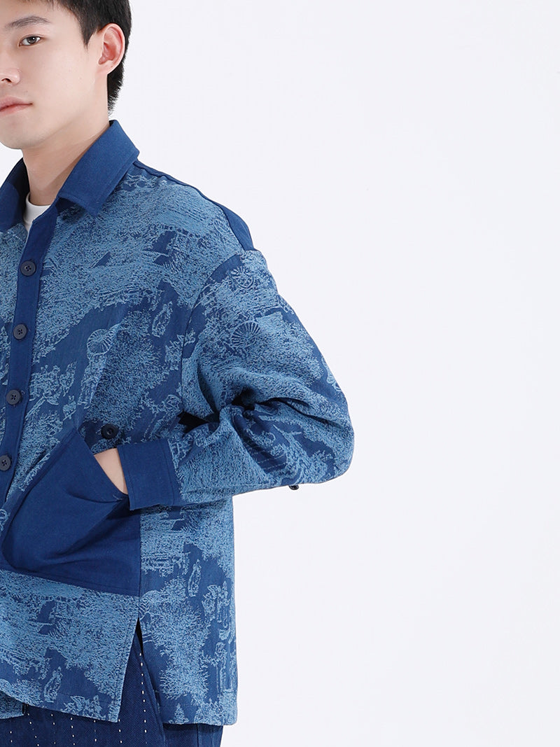 Artisan Handmade "Landscape" Jacquard Plant Indigo Dyed Long Sleeve Shirt