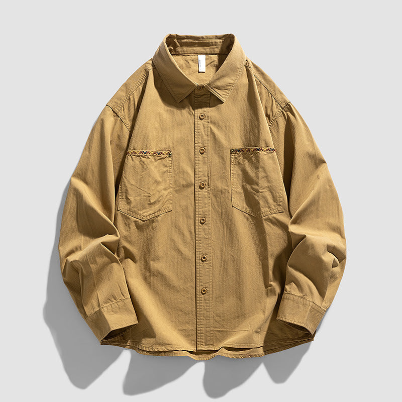 Embroidered plain cotton long-sleeved shirt